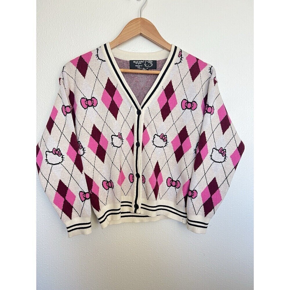 Hello Kitty Argyle Knit Cardigan Sweater Pink Burgundy Preppy Coquette Mall Y2K